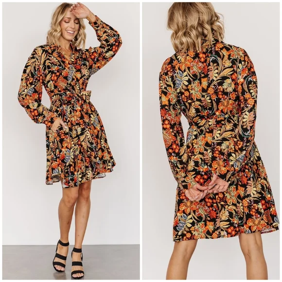 FEW LEFT❗️POLAGRAM Black Floral Long Sleeves Short Dress - Picture 3 of 6